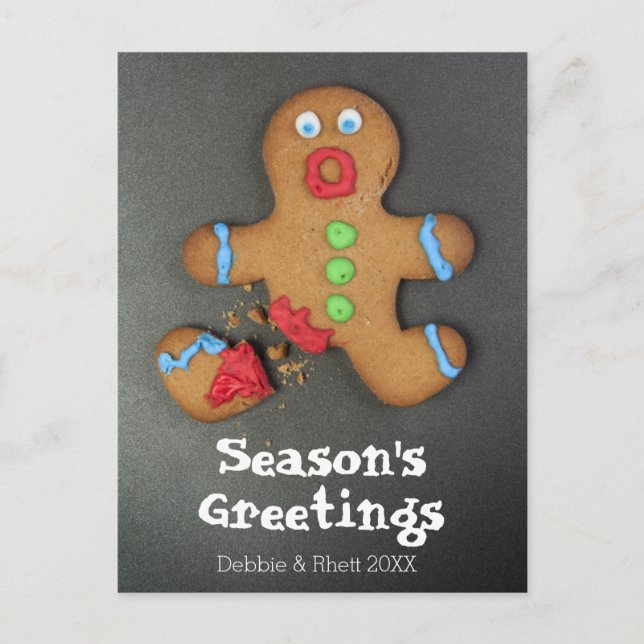 En pepparkaksgubbe tittar chockad vykort (Framsida)