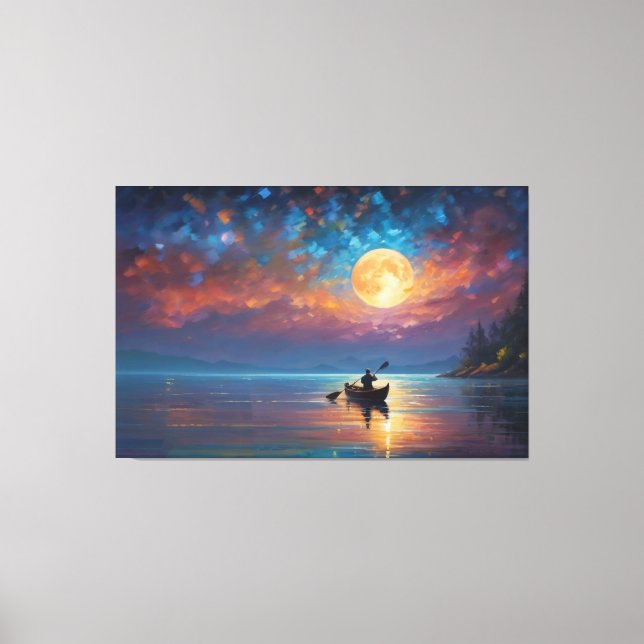 en person i en båt på vatten med fullt måne canvastryck (Framsida)