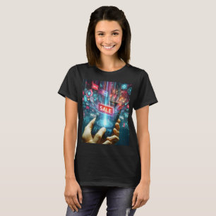 en person som har en mobil med ord försäljning på t shirt