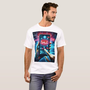 en person som har en mobil med ord försäljning på t shirt
