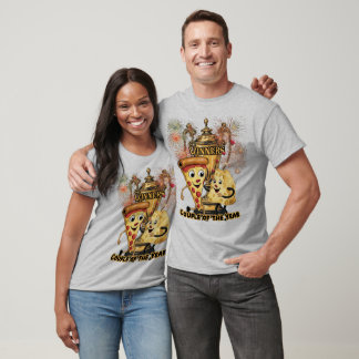 En pizza och ost som dansar tillsammans på en grå t shirt