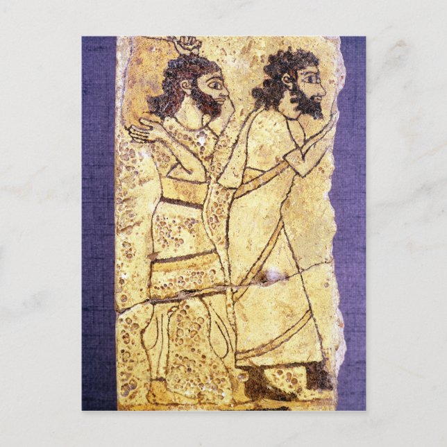 En plaque som skildrar två manar som går vykort (Framsida)