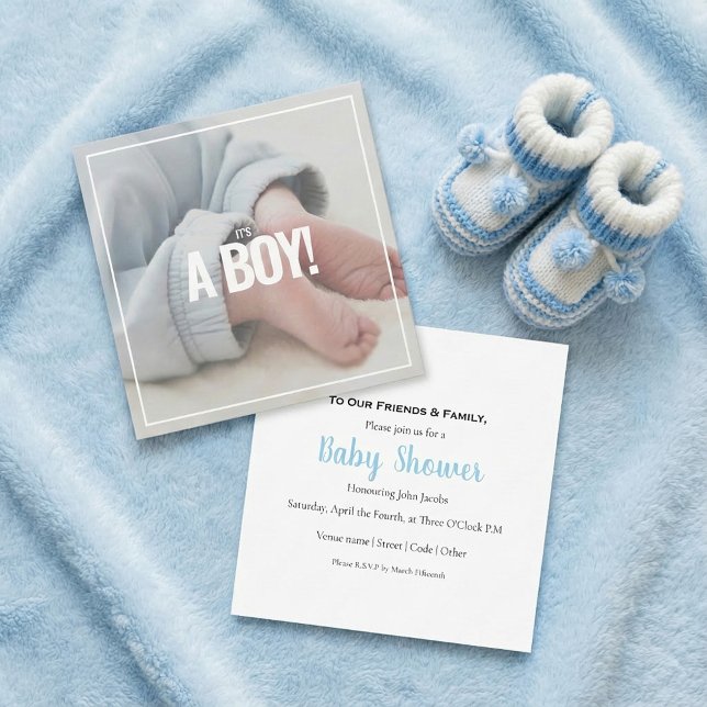 En pojke, ett eget foto, ett barnduschkort. (Its a boy, your own photo, baby shower card.)