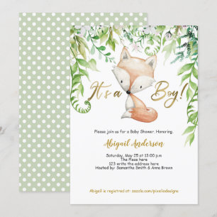 En pojke, Greenery, Woodland Fox, Pojke Shower Inbjudningar