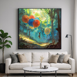 En pojke och hans ballonger - färgfull syn poster