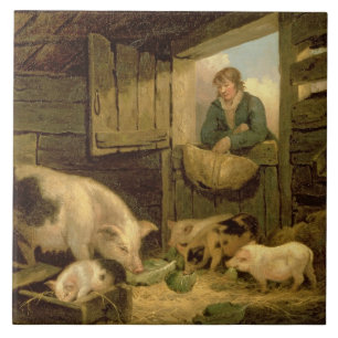 En pojke tittar in i en grisSty, 1794 (olja på Kakelplatta
