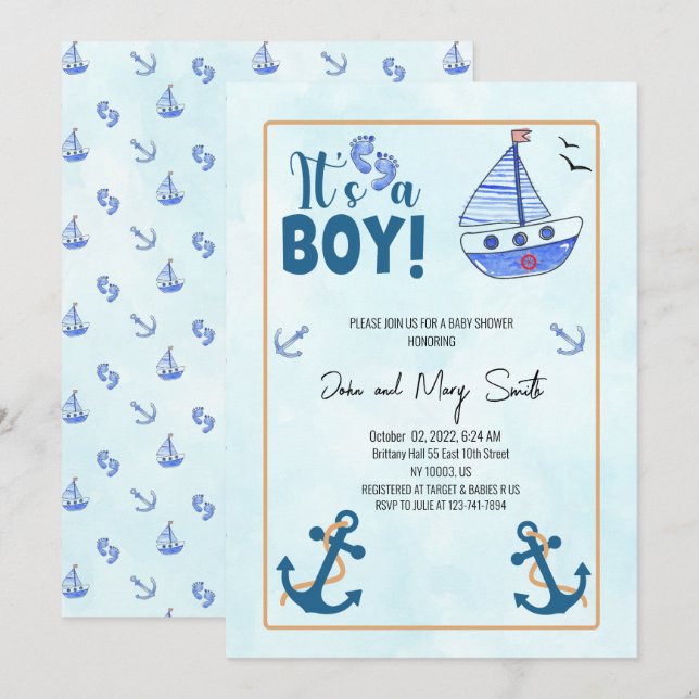en pojke vid Nautical Sailboat-babydusch Inbjudningar (Fram/baksida)