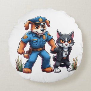 en poliskår och en elak-hund - humor rund kudde
