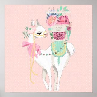 En poster med vackra blommor och lama