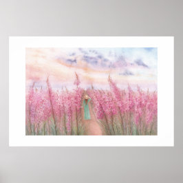 En promenad i ett rosa blomsterfält poster