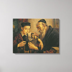 En rabbin som binder phylacteriesna till armen av canvastryck