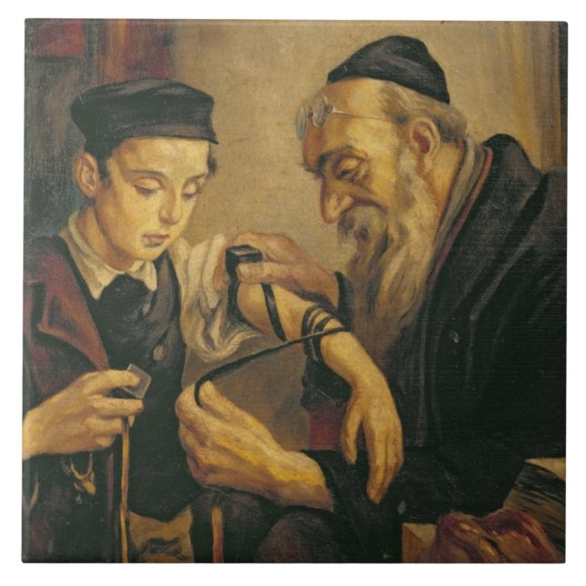 En rabbin som binder phylacteriesna till armen av kakelplatta (Framsidan)