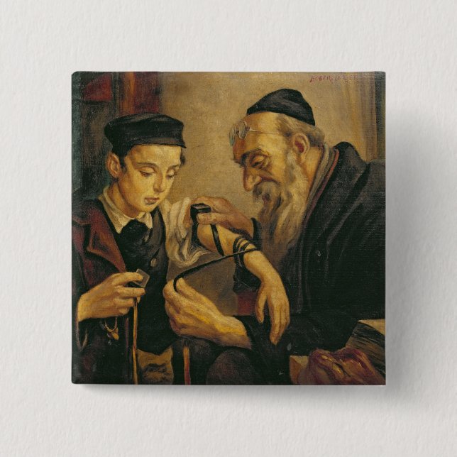 En rabbin som binder phylacteriesna till armen av knapp (Framsida)