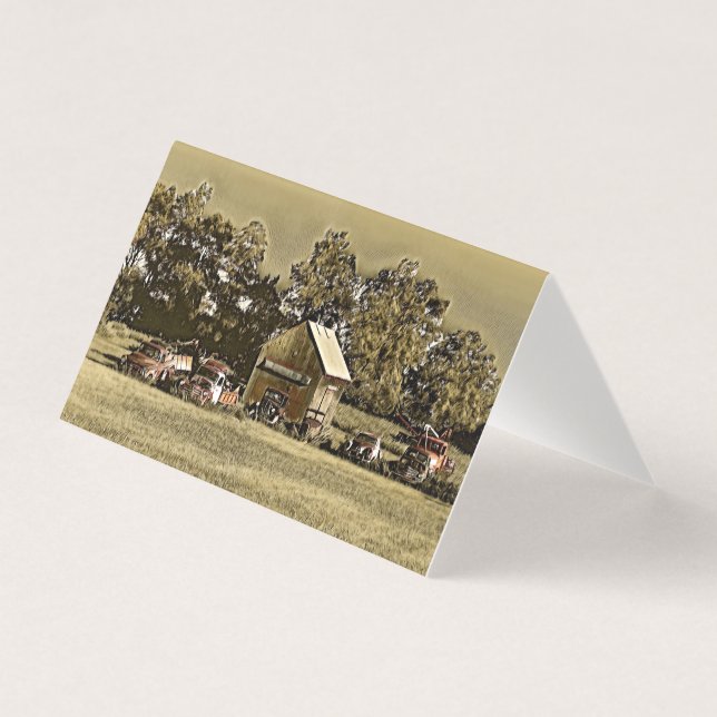 En rad jalopier i gräset. kort (Framsida)