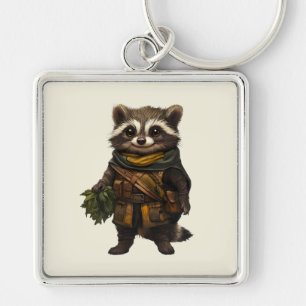 En Rascal Racoon Keychain Fyrkantig Silverfärgad Nyckelring