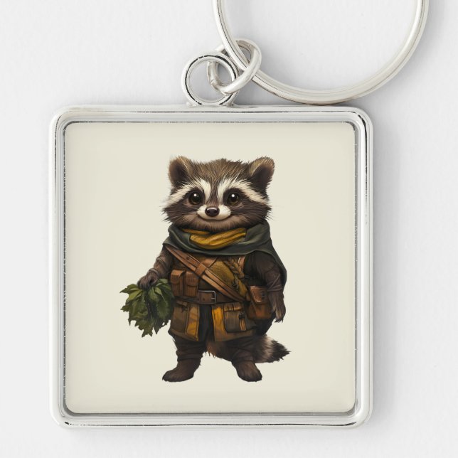 En Rascal Racoon Keychain Fyrkantig Silverfärgad Nyckelring (Framsidan)