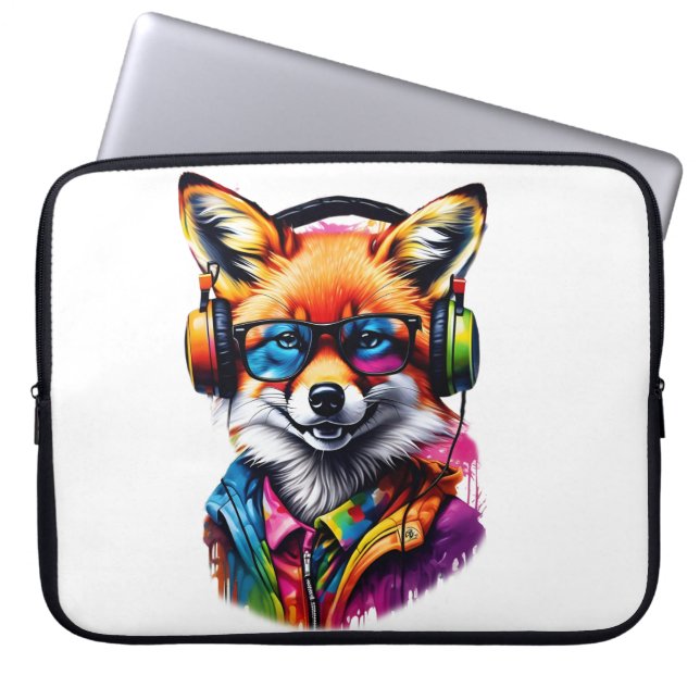 En räv i hörlurar och glasögon laptop fodral (Framsidan)