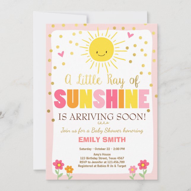 En Ray of Sunshine Baby Shower-inbjudan till Rosa  Inbjudningar (Framsida)