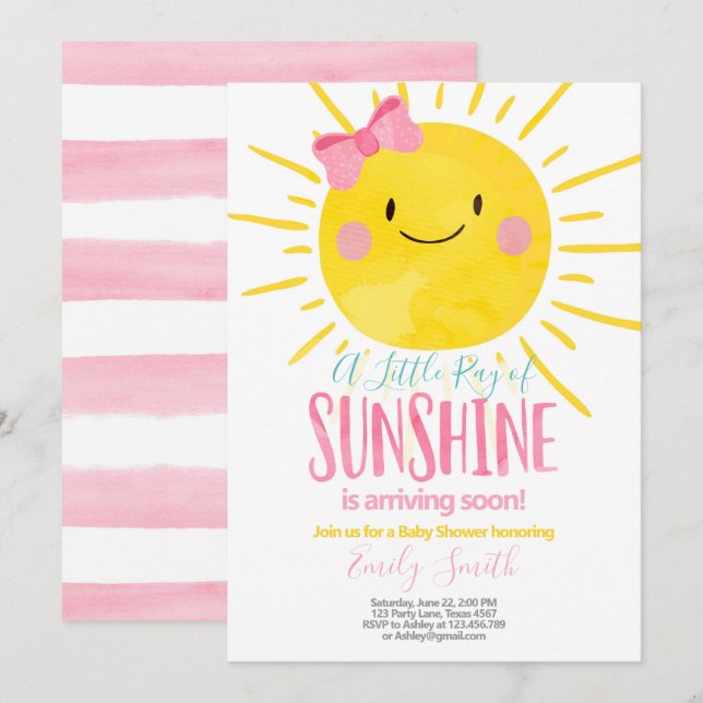 En Ray of Sunshine Little Girl Rosa Baby Shower Inbjudningar (Fram/baksida)