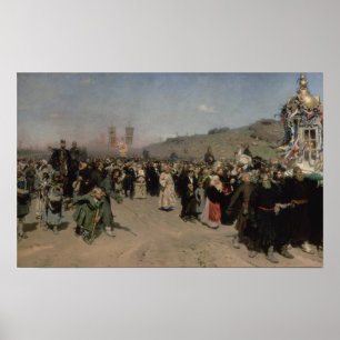 En religiös procession i landskapet av poster