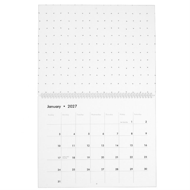 En ren vit bakgrund med små prickar utspridda kalender (Jan 2027)
