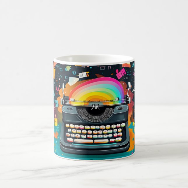 En retro skrivmaskin i mitten, med färg kaffemugg (Center)