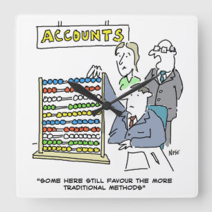En revisor som använder en abacus på arbetet fyrkantig klocka