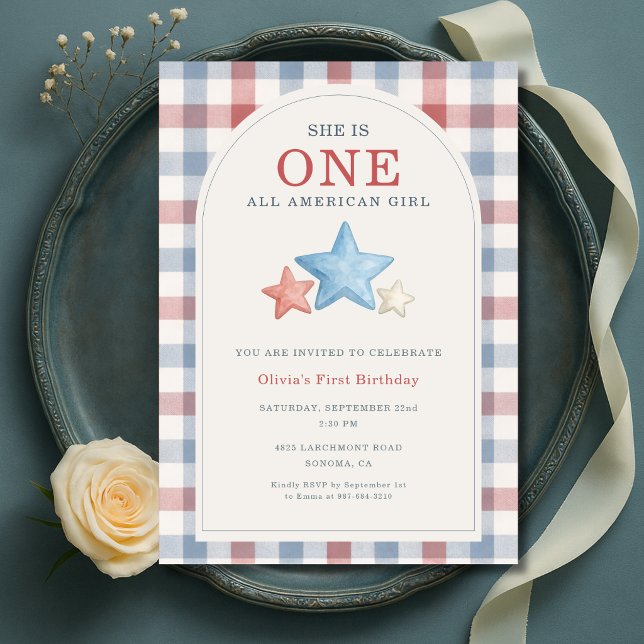 En riktig amerikansk flicka Rutig 1-årsdag Inbjudningar (Skapare uppladdad)