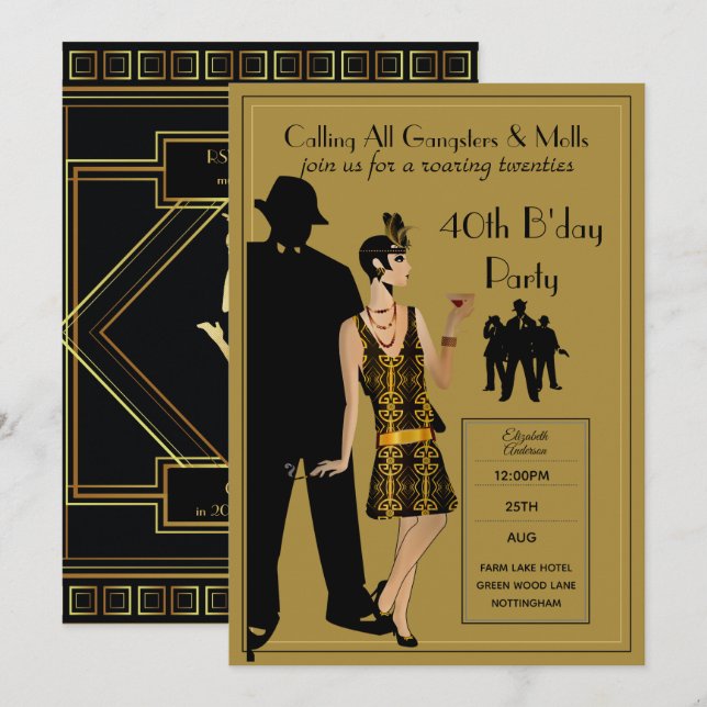 En roande tjugotalsfest, gangster Flapper Deco Inbjudningar (Fram/baksida)