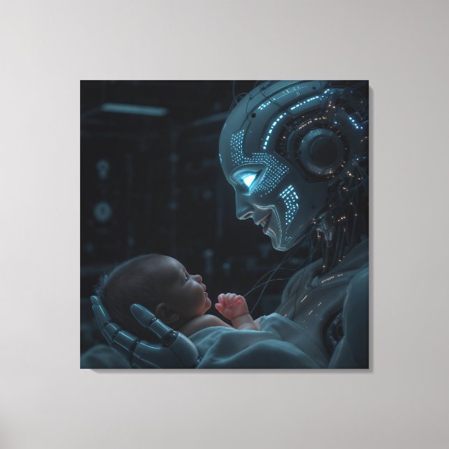 En robotkvinna som hänger baby canvastryck (Framsida)