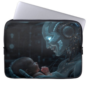 En robotkvinna som hänger baby laptop fodral