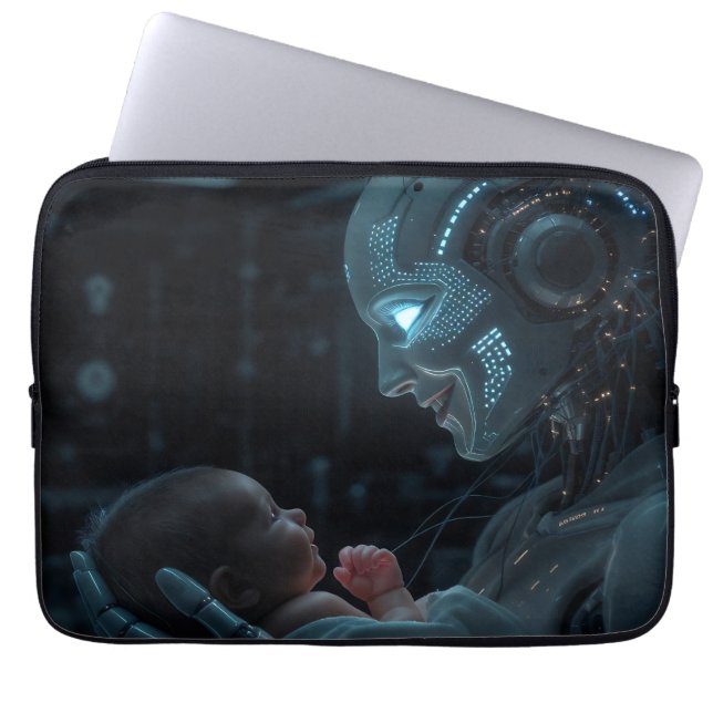 En robotkvinna som hänger baby laptop fodral (Framsidan)