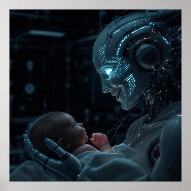 En robotkvinna som hänger baby poster (Framsidan)