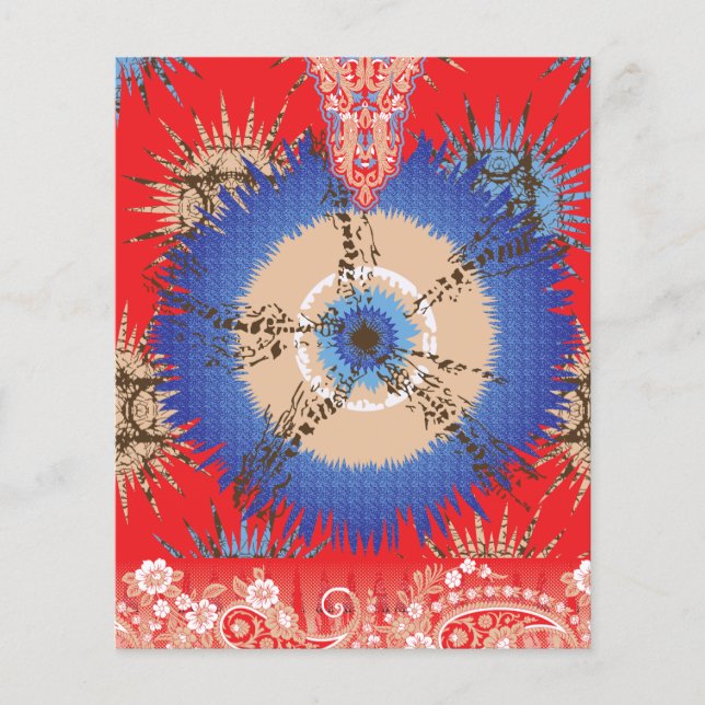 en röd bakgrund med blå cirkel flygblad (Framsidan)