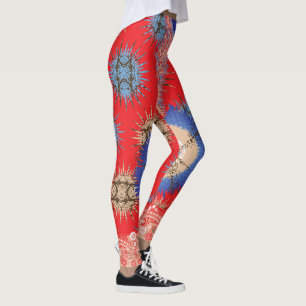 en röd bakgrund med blå cirkel leggings