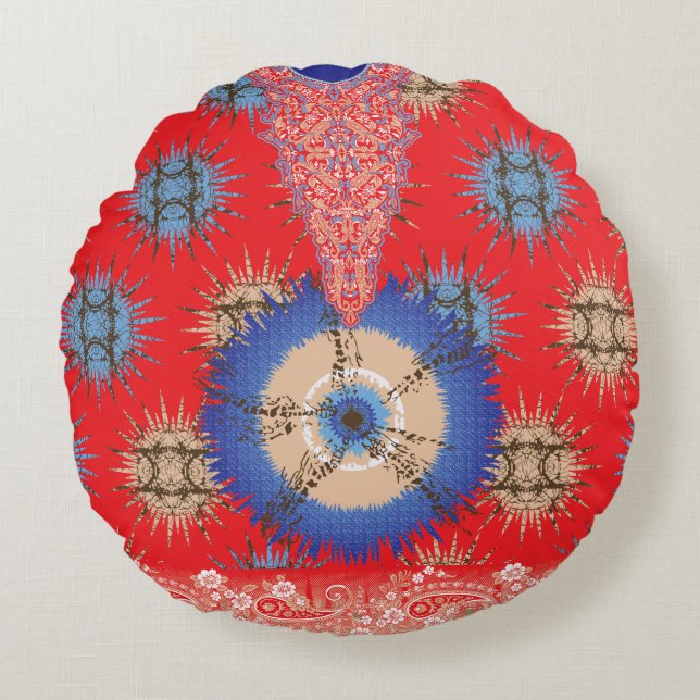 en röd bakgrund med blå cirkel rund kudde (Framsidan)