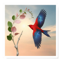 En röd fågel med brett uppslag, ljusblå vingar