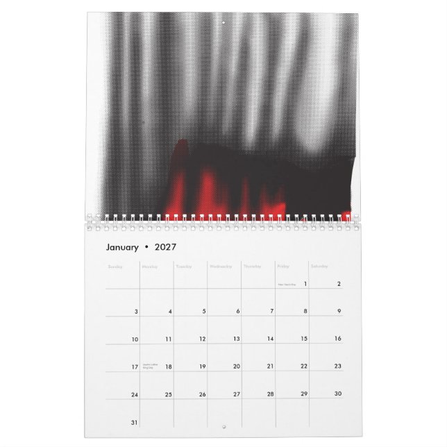 En röd grafik med fetstilt geometrisk form kalender (Jan 2027)