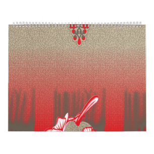 en röd och beige scarf med en kvinna bild som kalender