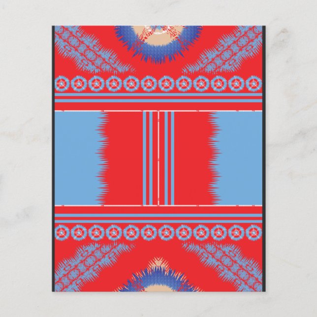 en röd och blå mönster flygblad (Framsidan)