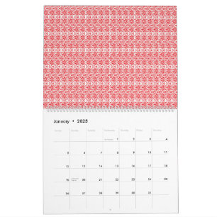 en röd och vit bakgrund med mönster kalender