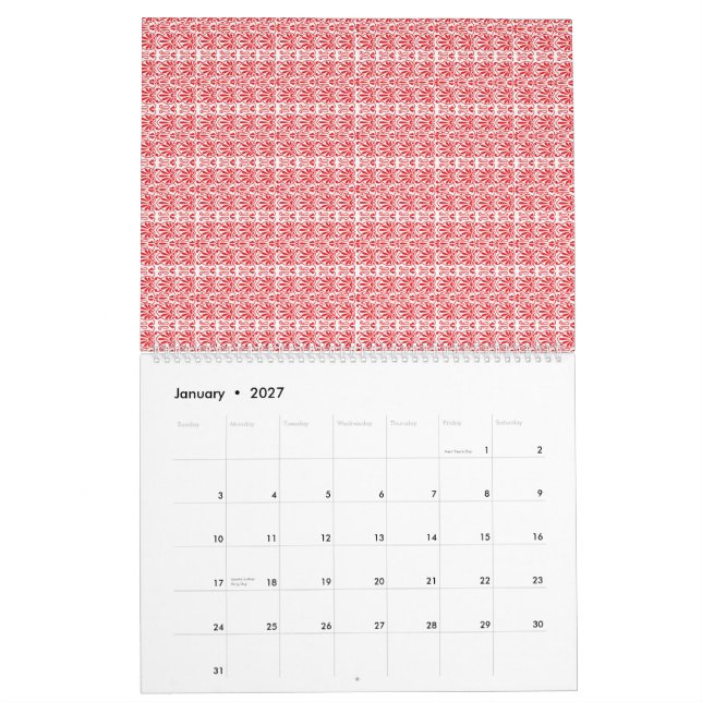 en röd och vit bakgrund med mönster kalender (Jan 2027)