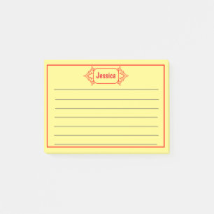 En röd, orange, mönstrad titelgrafik post-it block