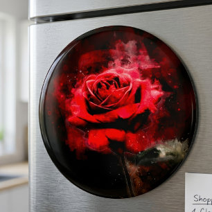 En röd ros i akvarell på svart bakgrund magnet