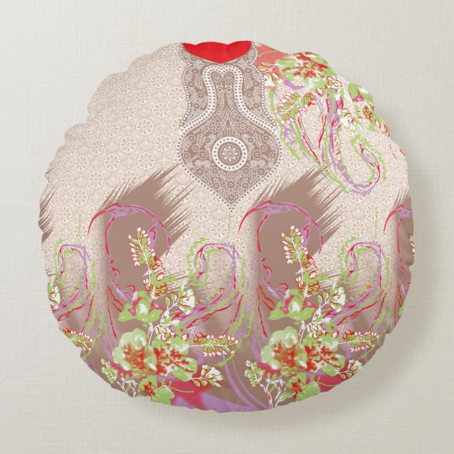 En röd vas med blommor på den rund kudde (Framsidan)