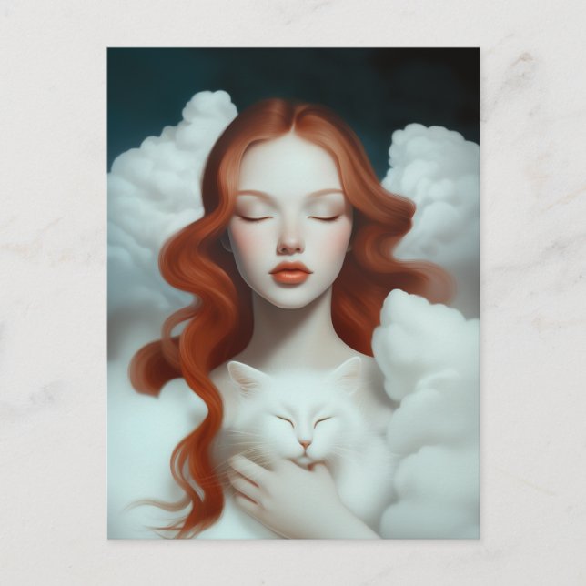 En rödhårig kvinna som håller en katt i molnen vykort (Framsida)