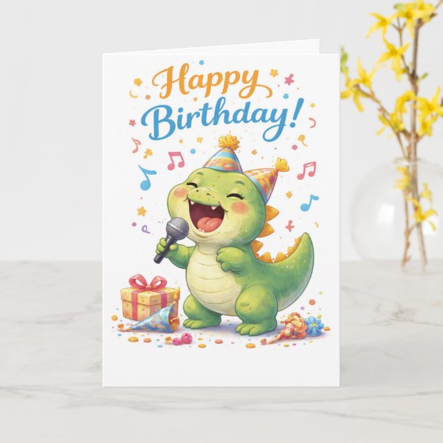 En rolig dinosaurie som sjunger glad födelsedag kort (Gul blomma)