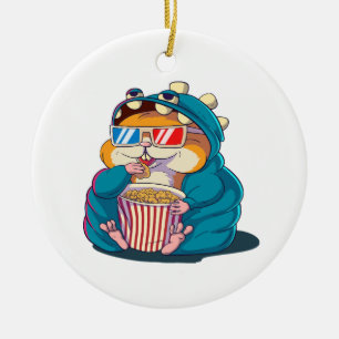 En rolig hamster som bär glasögon äter popcorn julgransprydnad keramik