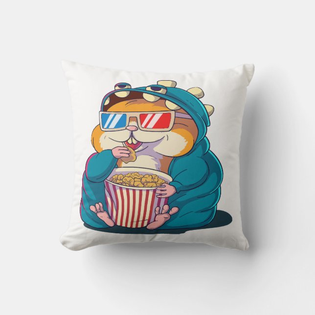 En rolig hamster som bär glasögon äter popcorn kudde (Framsida)