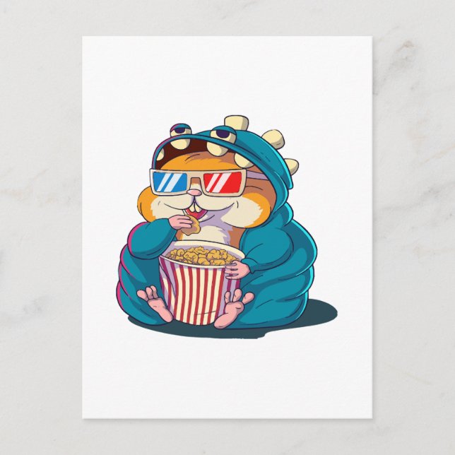 En rolig hamster som bär glasögon äter popcorn vykort (Framsida)
